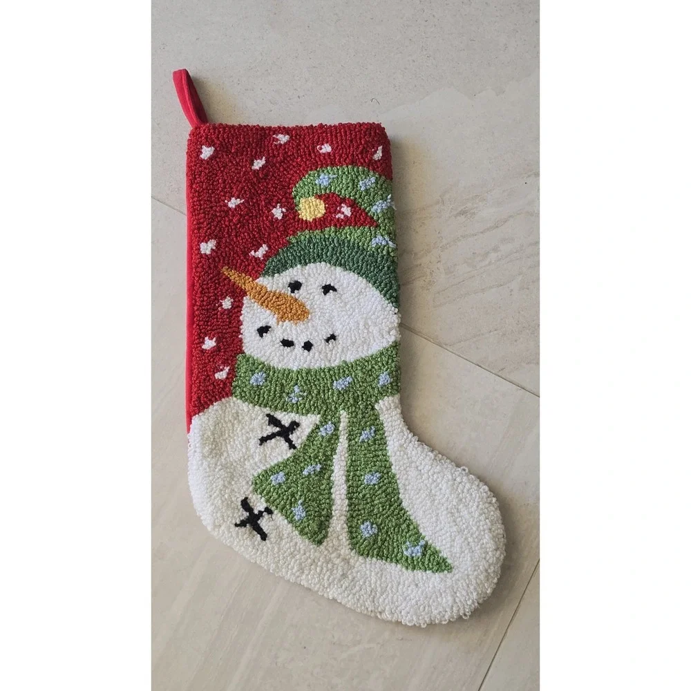 Snowman Christmas Stocking  Cozy Holiday Decor Red Green Scarf White‎ Wool Look